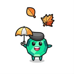 cartoon of the cute emerald gemstone holding an umbrella in autumn