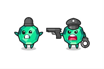 illustration of emerald gemstone robber with hands up pose caught by police