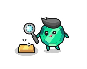 emerald gemstone character is checking the authenticity of the gold bullion