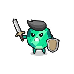 cute emerald gemstone soldier fighting with sword and shield