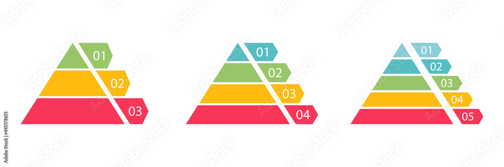 Poster pyramid infographic colorful set. triangle hierarchy data segments collection. vector business illus