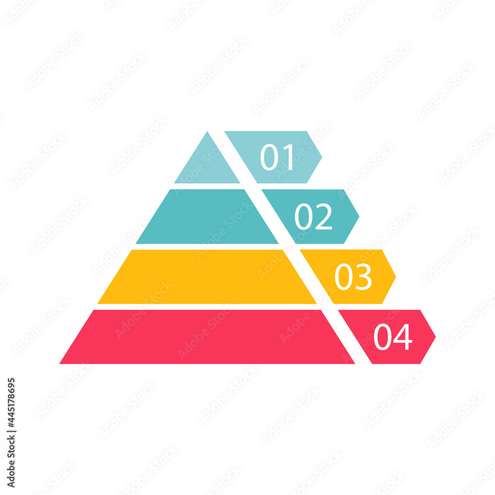 Poster pyramid infographic template with four colorful levels. triangle data segments. colour layout with 4