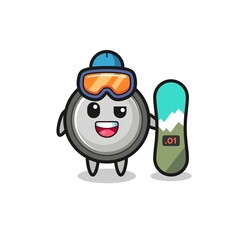 Illustration of button cell character with snowboarding style