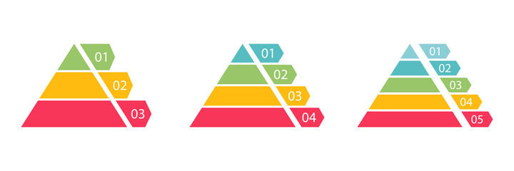Pyramid infographic colorful set. Triangle hierarchy data segments collection. Vector business illustration isolated on white