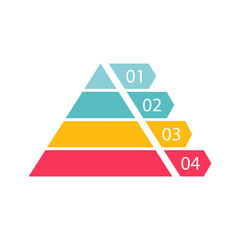 Pyramid infographic template with four colorful levels. Triangle data segments. Colour layout with 4 charts for banner, presentation and report. Vector business illustration isolated on white.