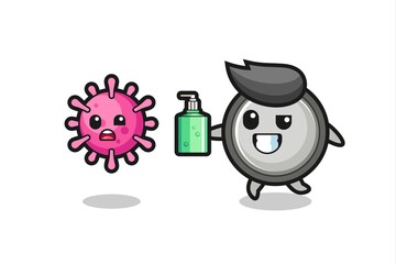 illustration of button cell character chasing evil virus with hand sanitizer