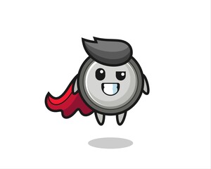 the cute button cell character as a flying superhero