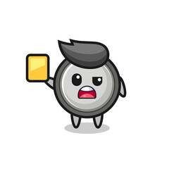 cartoon button cell character as a football referee giving a yellow card