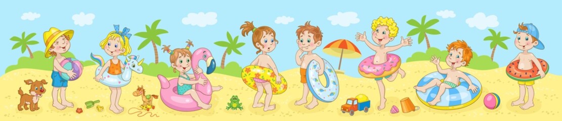 Obraz na płótnie Canvas Group of happy children on the beach. Banner in cartoon style. Vector flat illustration.