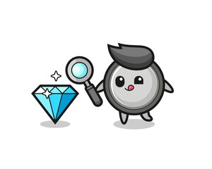 button cell mascot is checking the authenticity of a diamond