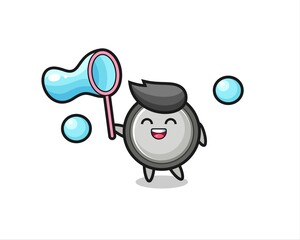 happy button cell cartoon playing soap bubble