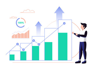 Illustration of business growth concept. Business man is observing the development of the company. Vector illustration.