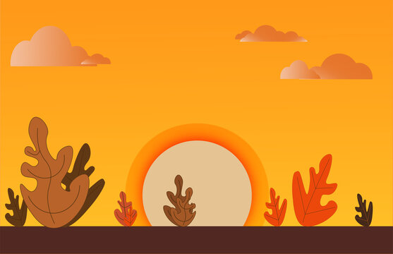 Vector illustration of a automn season day with plants, clouds and sunset .