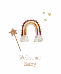 Watercolor illustration card welcome baby with toy rainbow and stars. Isolated on white background. Hand drawn clipart. Perfect for card, postcard, tags, invitation, printing, wrapping.