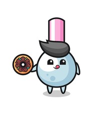 illustration of an cotton bud character eating a doughnut