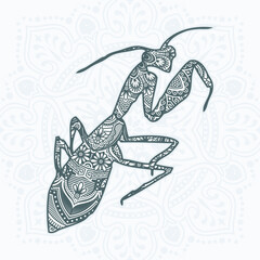 Mantis Mandala. Vintage decorative elements. Oriental pattern, vector illustration.