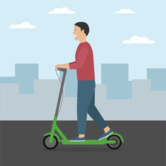 Man riding kick scooter. Guy riding electric scooter. City background 