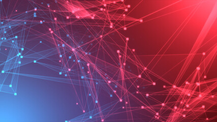 Abstract red blue polygon tech network with connect technology background. Abstract dots and lines texture background. 3d rendering.