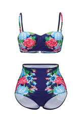 Detail shot of blue two-piece swimsuit with bright floral print composed of bra with thin straps and high-waisted panties. Stylish swimming suit is isolated on the white background.