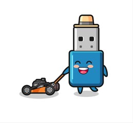 illustration of the flash drive usb character using lawn mower