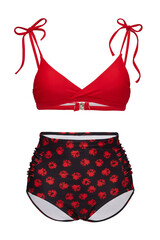 Detail shot of bright two-piece swimsuit composed of red bra with thin shoulder straps and black high-waisted panties with red floral print. Stylish swimming suit is isolated on the white background.