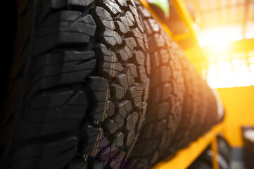 Close-up of new tires or stock tires car driving concept safe driving concept