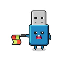 flash drive usb character as line judge hold the flag straight horizontally