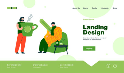 Man having cold and flu, wrapping himself in plaid, measuring body temperature. Girl taking care about sick boyfriend, giving hot drink to him