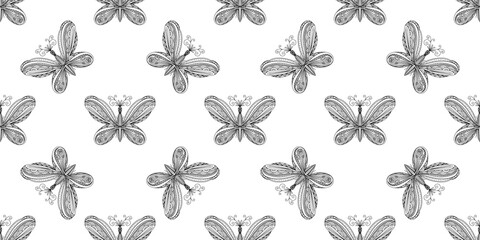 butterfly pattern. Linear art. Black and white image of a butterfly. Coloring antistress for adults. Summer light seamless design.