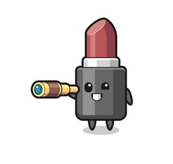 cute lipstick character is holding an old telescope