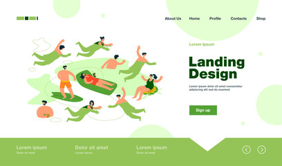 Crowd of tourists swimming and bathing in sea water, surfing, resting on rubber mattress, enjoying leisure and holidays. Flat vector illustration for vacation at ocean, sea activities concept