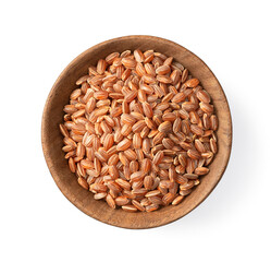raw short-grain brown rice in the wooden bowl, isolated on white background, top view