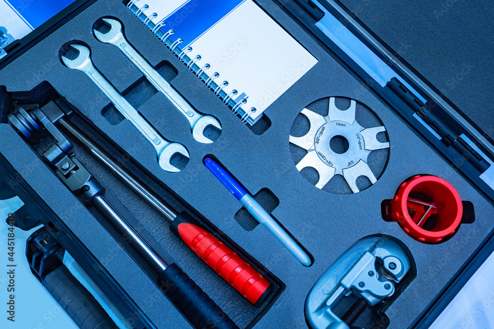 Poster mechanic's toolbox. mechanic's tool case. wrenches and other mechanic tools. universal set of tools.
