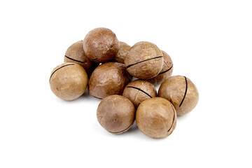 Macadamia nuts isolated on white background. Heap of unshelled macadamia nuts