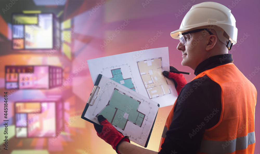 Aufkleber builder man with architectural drawings in his hands. builder in working uniform with his back to th