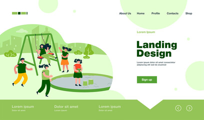 Cute children having fun on playground. Happy boys and girls on swing, slide, in sandbox flat vector illustration. Outdoor activity, childhood concept for banner, website design or landing web page