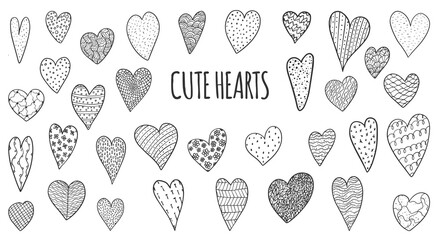 Collection set of hand drawn cute hearts isolated on white background