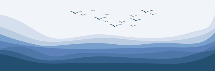 bird silhouete in mountain landscape vector illustration for background, wallpaper, backdrop, web banner, design template and tourism design template