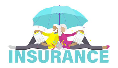 Fototapeta premium Medical and health insurance concept for well-being of elderly. Senior couples with an insurance policy and protective umbrella. Flat vector illustration.