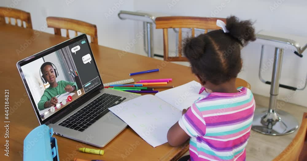 Poster Composite video of girl using laptop with interface showing schoolboy in online lesson with her