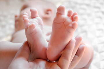 Obraz na płótnie Canvas Mother holding Baby Feet in Hands. Legs Newborn in female parents Hand. Small children's Feet in the Mom Palm. Close-up. Little Toes of Child and Woman Hands of Happy Parent. Mother's Day Holiday