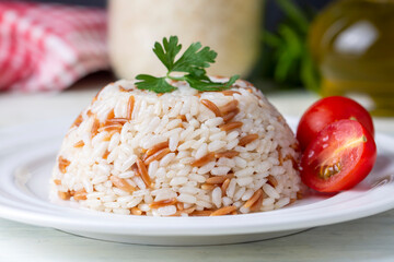 Traditional delicious Turkish food; Turkish style rice pilaf (Turkish name; Arpa sehriyeli pirinc pilavi)