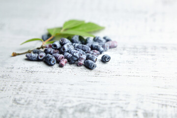 Honeyberry or haskap berries with fresh green leaves on grey wooden background