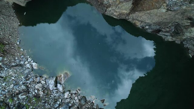 turquoise water on a mountain lake in rocky mountain. top view of the Tuim sinkhole, collapsed mine , aerial drone video