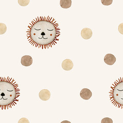 Watercolor seamless pattern polka dot brown  beige and lion. Hand drawn clipart. Perfect for card, tags, invitation, printing, wrapping, children's textile.