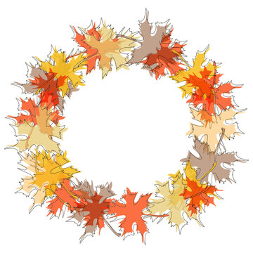 Round maple leaf autumn frame. Seasonal fall colorful leaves arrangement