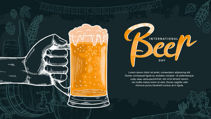 International Beer Day illustration vector design with hand drawn element isolated on black background can be use for party, celebration and festival