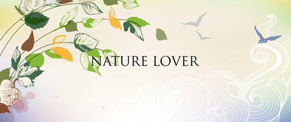 Nature abstract background. Sky, tree branches, green leaves and birds flying banner or wallpaper