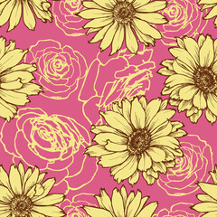 Floral seamless pattern over pink background, roses and daisy design for wallpapers
