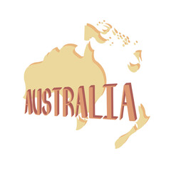 Yellow silhouette geographical map of australian continent with lettering. Concept for poster. Stock vector illustration.
